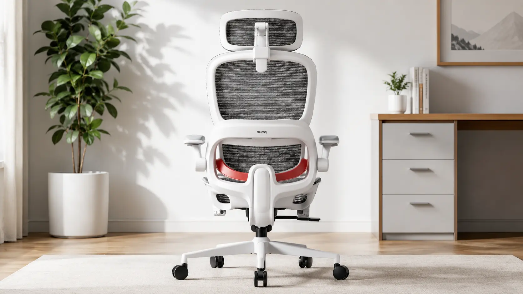Rear view of the white and grey SIHOO B100 office chair highlighting the adaptive dynamic lumbar support system and split-back mesh design.