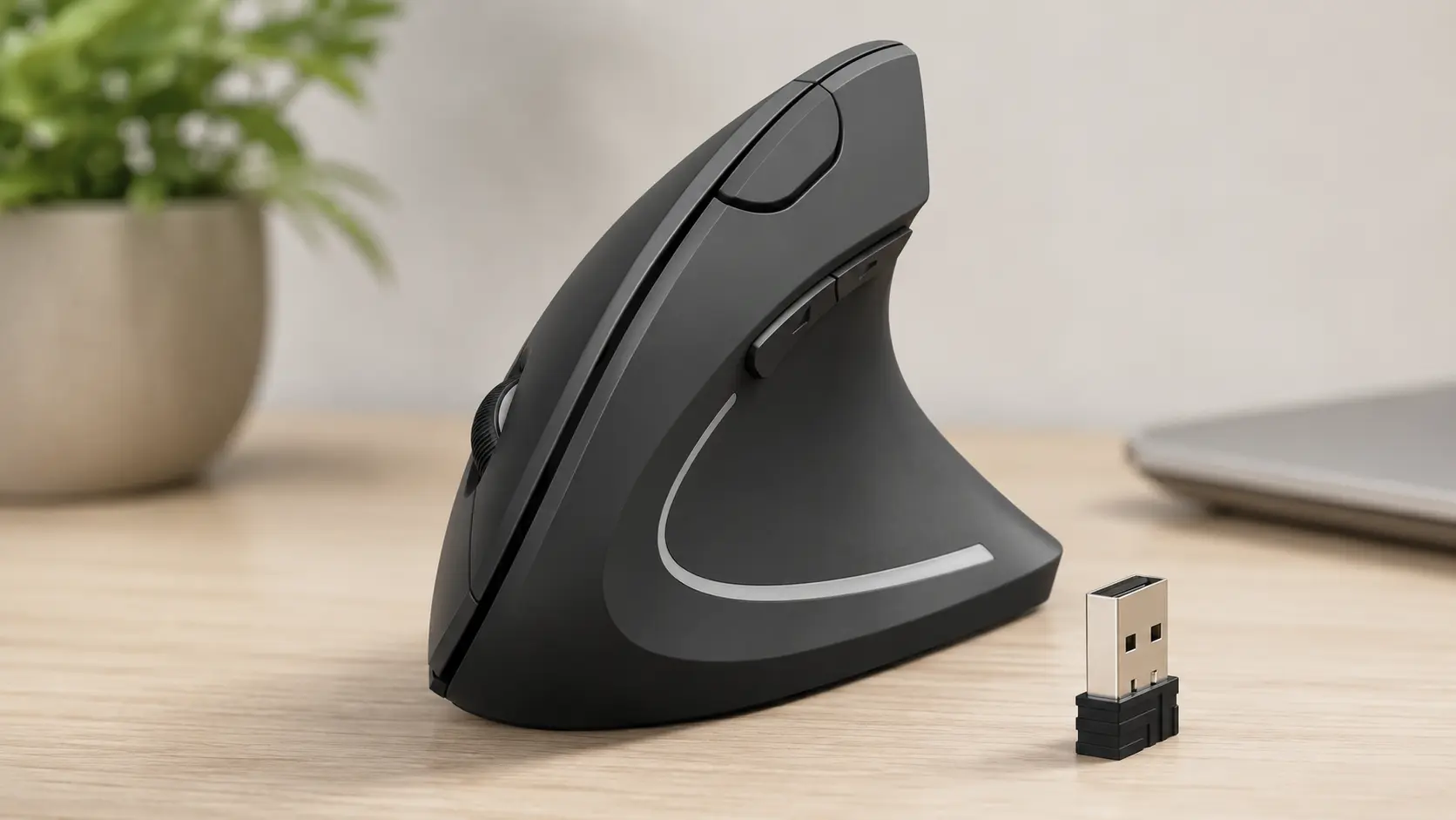 Anker 2.4G wireless vertical mouse with USB receiver on wood desk