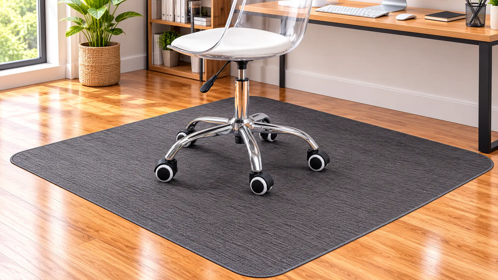 Baroyal woven-texture office floor mat in charcoal grey under a clear acrylic desk chair