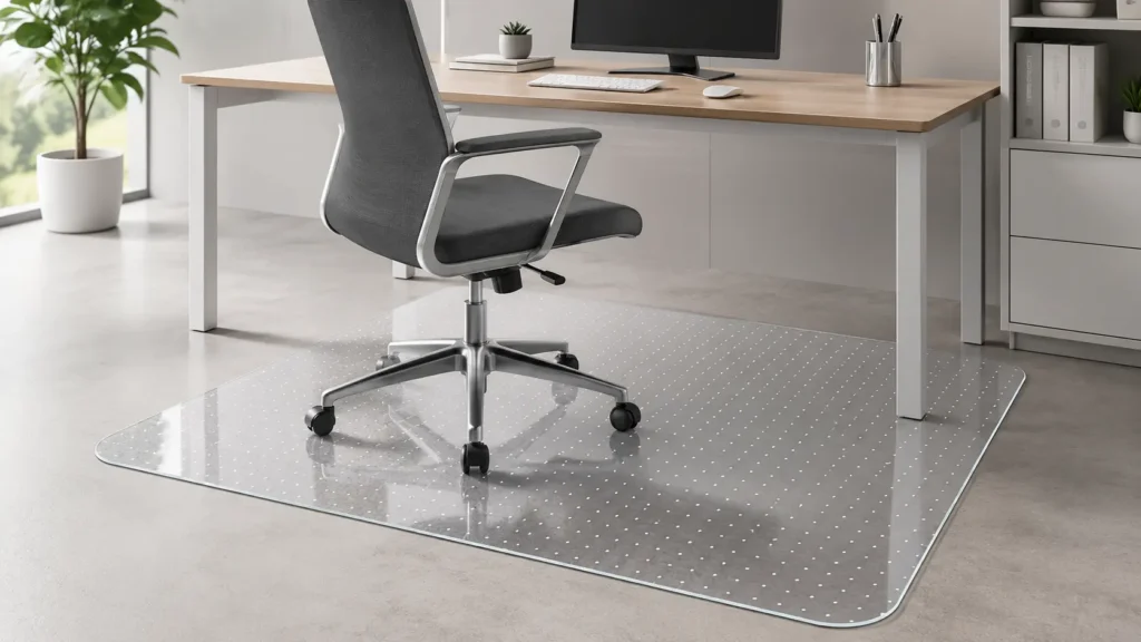 BesWin clear office chair mat with anti-slip dot texture beneath a modern desk chair on polished concrete