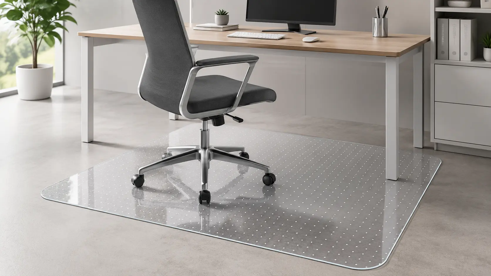 BesWin clear office chair mat with anti-slip dot texture beneath a modern desk chair on polished concrete