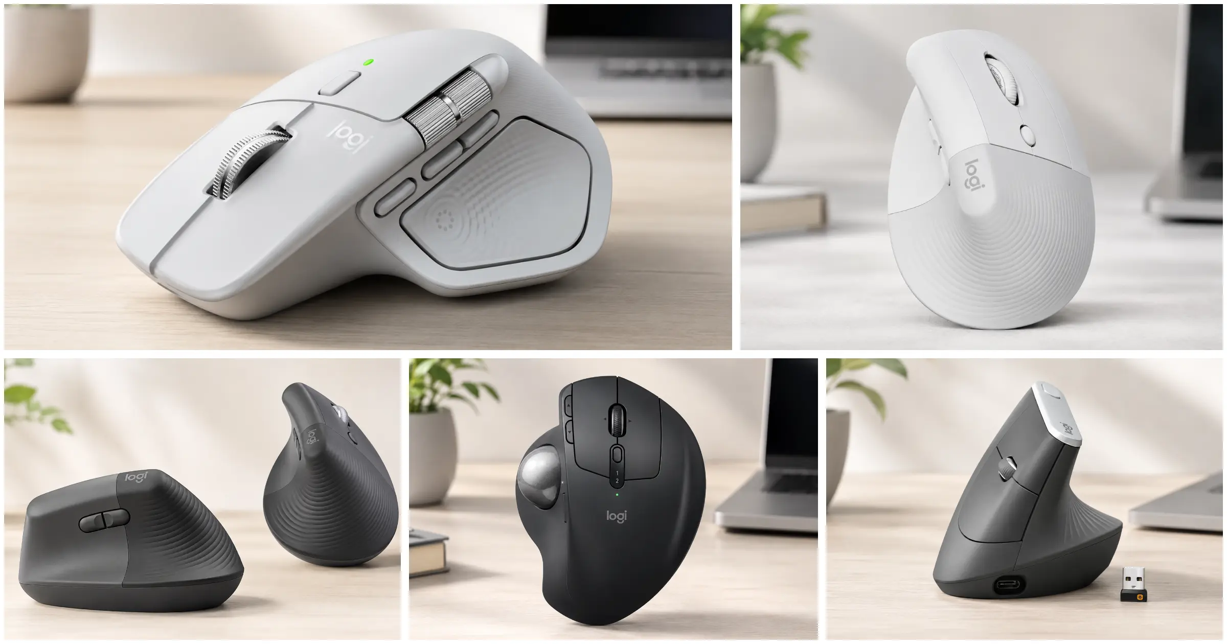 A side-by-side comparison collage of the best ergonomic mice for Mac in 2026, featuring Logitech's top vertical, trackball, and productivity designs.