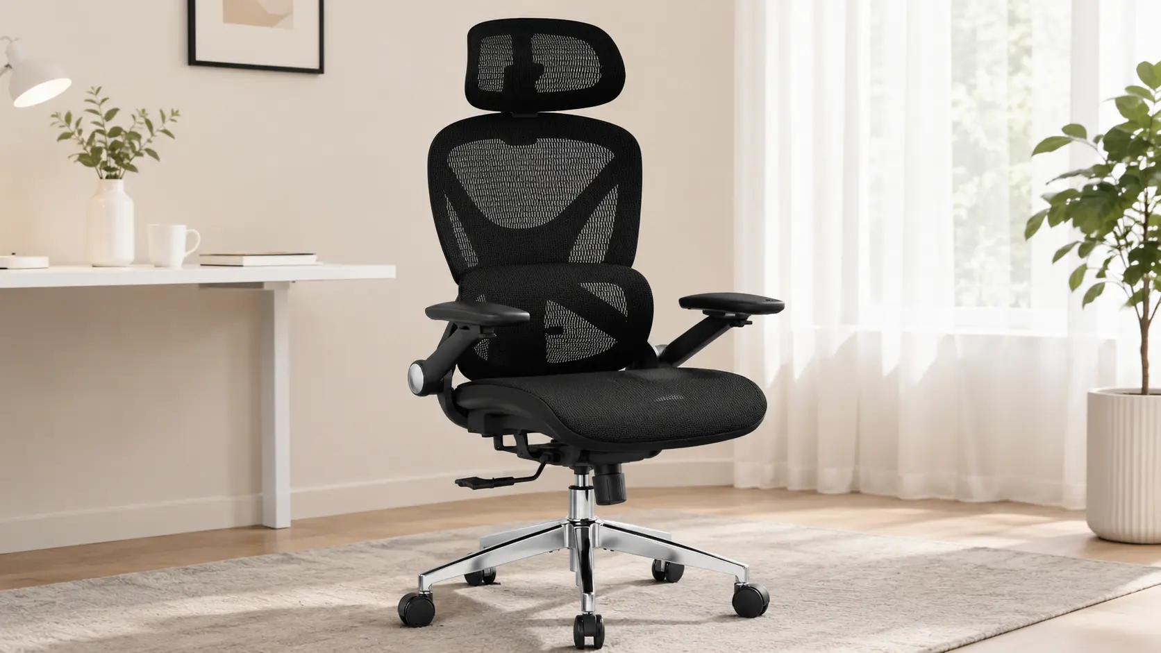 Black mesh ergonomic office chair with adjustable headrest and flip-up armrests in a bright home office
