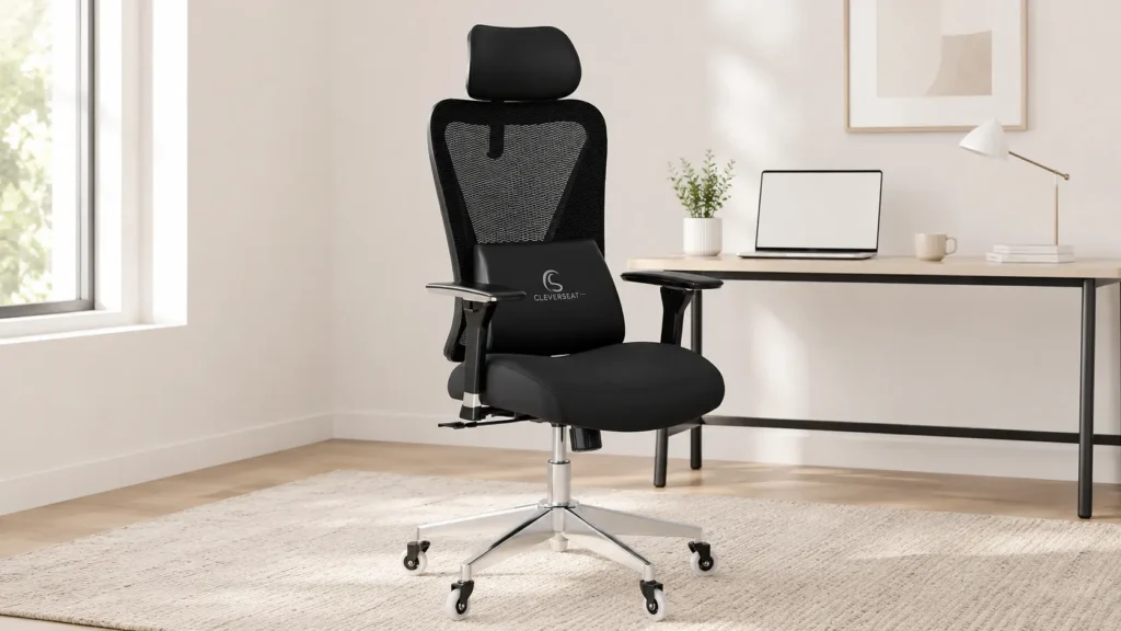 CLOUVOU ergonomic office chair with adjustable headrest and padded armrests beside a home workspace desk