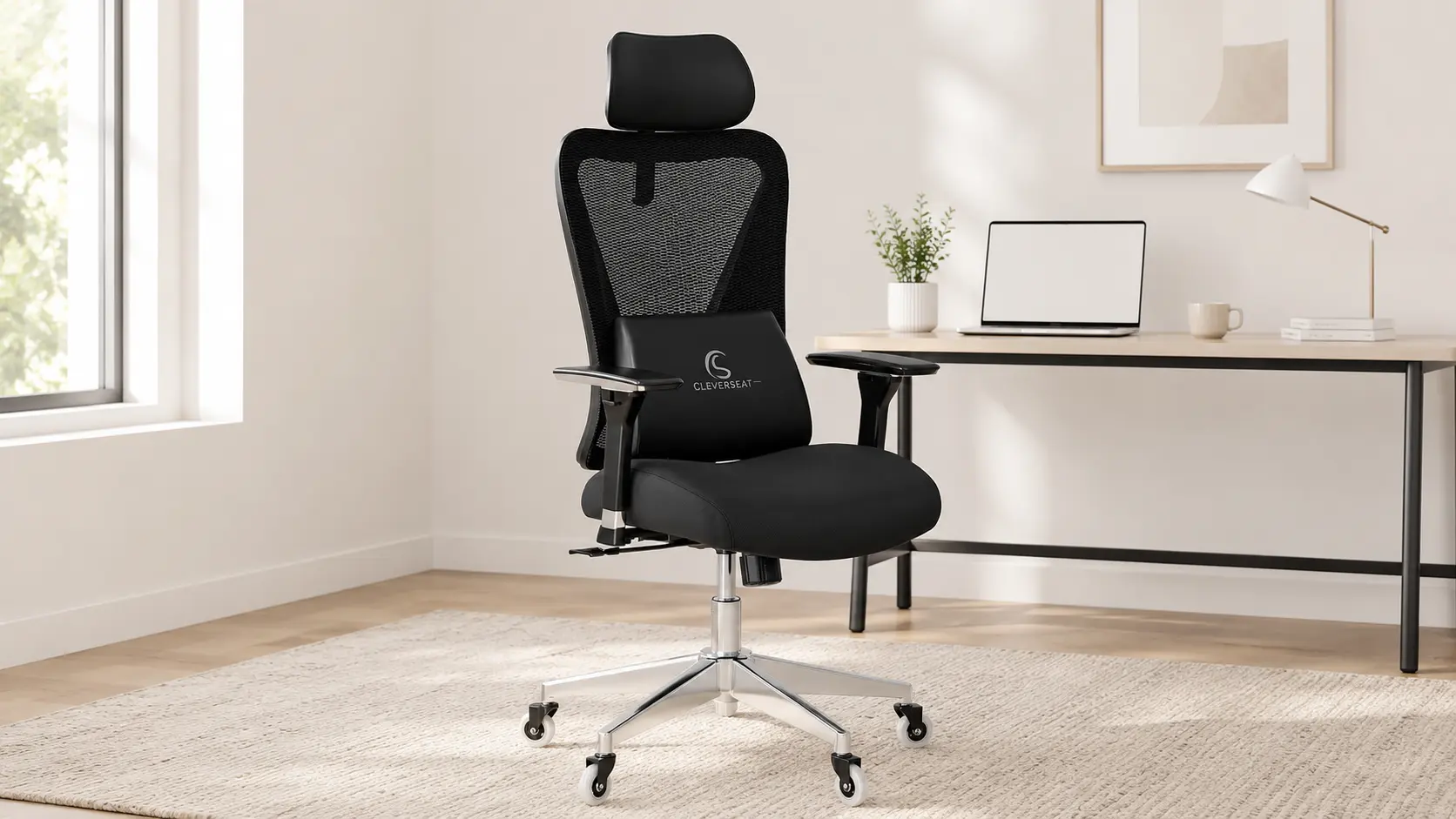 CLOUVOU ergonomic office chair with adjustable headrest and padded armrests beside a home workspace desk