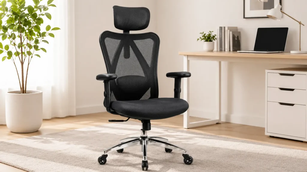 Duramont ergonomic office chair with tall mesh backrest and adjustable headrest for all-day sitting