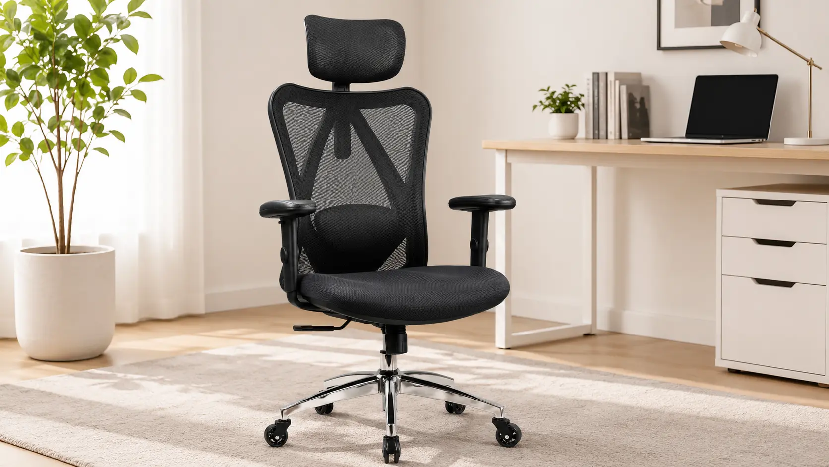 Duramont ergonomic office chair with tall mesh backrest and adjustable headrest for all-day sitting