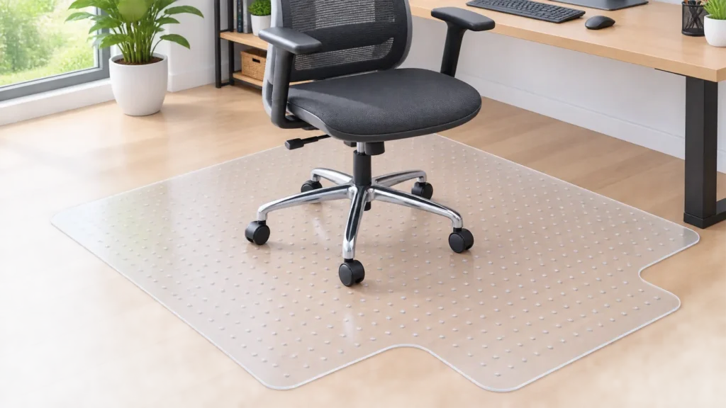 Clear HON office chair mat with textured grip and extended lip under a rolling desk chair on hardwood