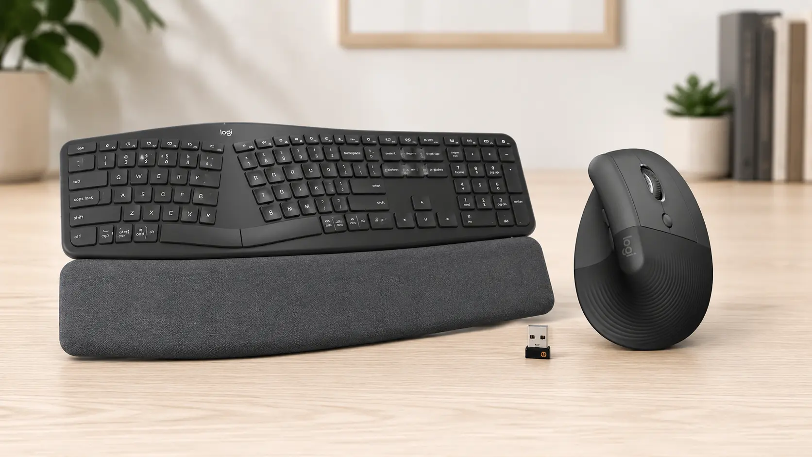 Logitech Ergo K860 keyboard paired with the Lift vertical mouse in an ergonomic desk setup