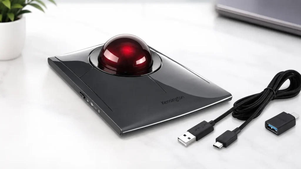 Kensington SlimBlade Pro wireless trackball with USB-C cable and wireless dongle