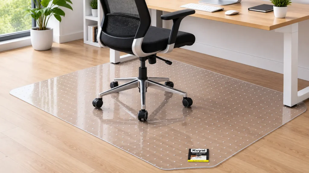Kuyal clear PET office chair mat with studded anti-slip surface on a light hardwood floor