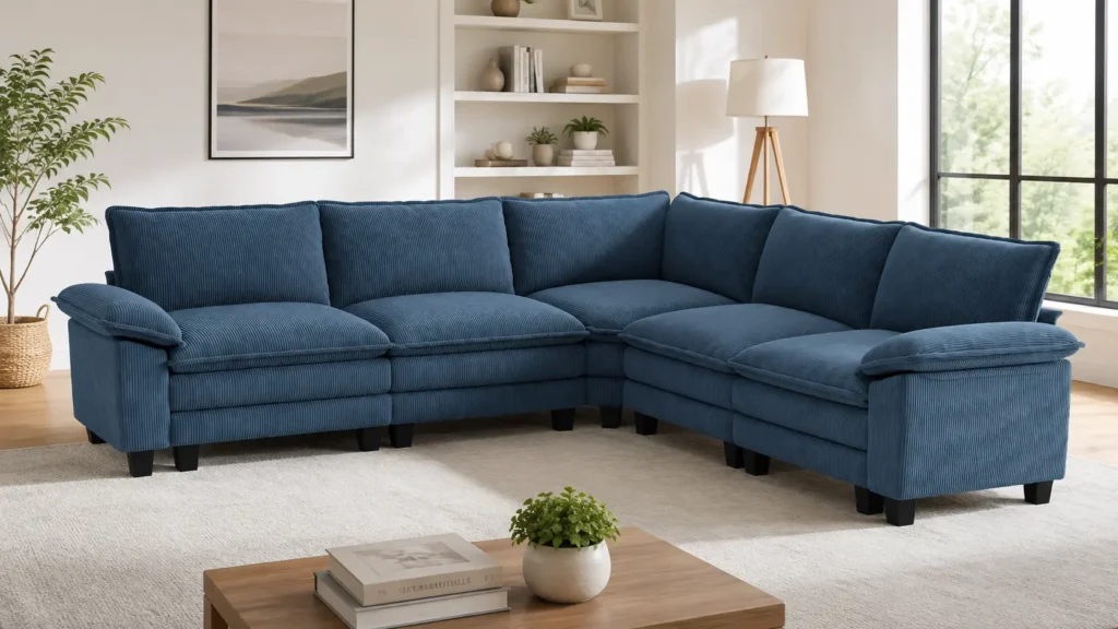 Blue LINSY HOME V-shaped modular sectional ergonomic couch in a bright living room