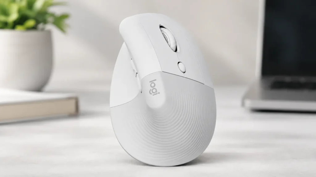 Off-white Logitech Lift for Mac vertical ergonomic mouse featuring a 57-degree vertical tilt to reduce forearm pronation.