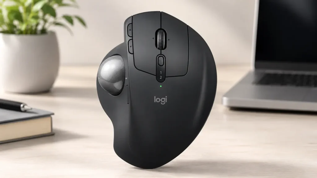 Logitech MX Ergo S advanced wireless trackball mouse in graphite, featuring a thumb-controlled trackball and updated silent switch buttons.