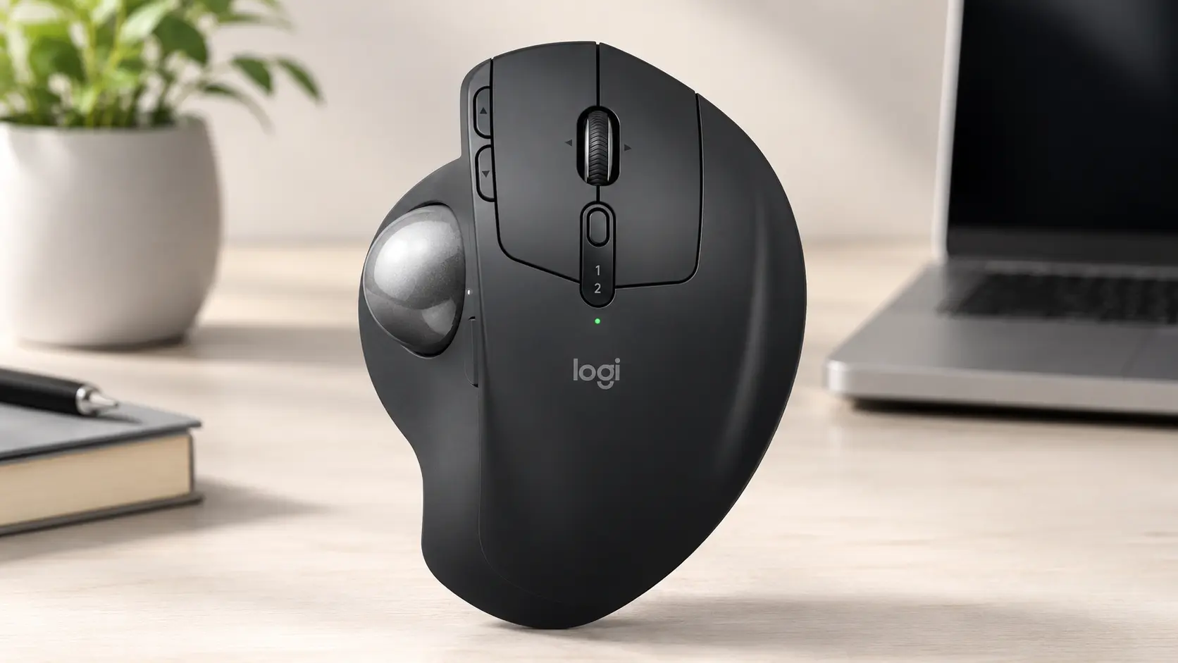 Logitech MX Ergo S advanced wireless trackball mouse in graphite, featuring a thumb-controlled trackball and updated silent switch buttons.