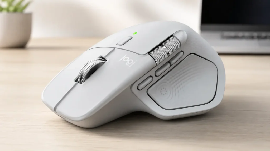 White Silver Logitech MX Master 4 for Mac resting on a wooden desk, showcasing its ergonomic thumb rest and MagSpeed scroll wheel.