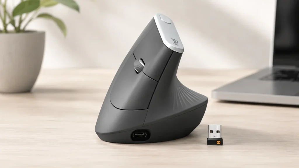 Logitech MX Vertical advanced ergonomic mouse highlighting the USB-C charging port, aluminum top crest, and included wireless USB receiver.
