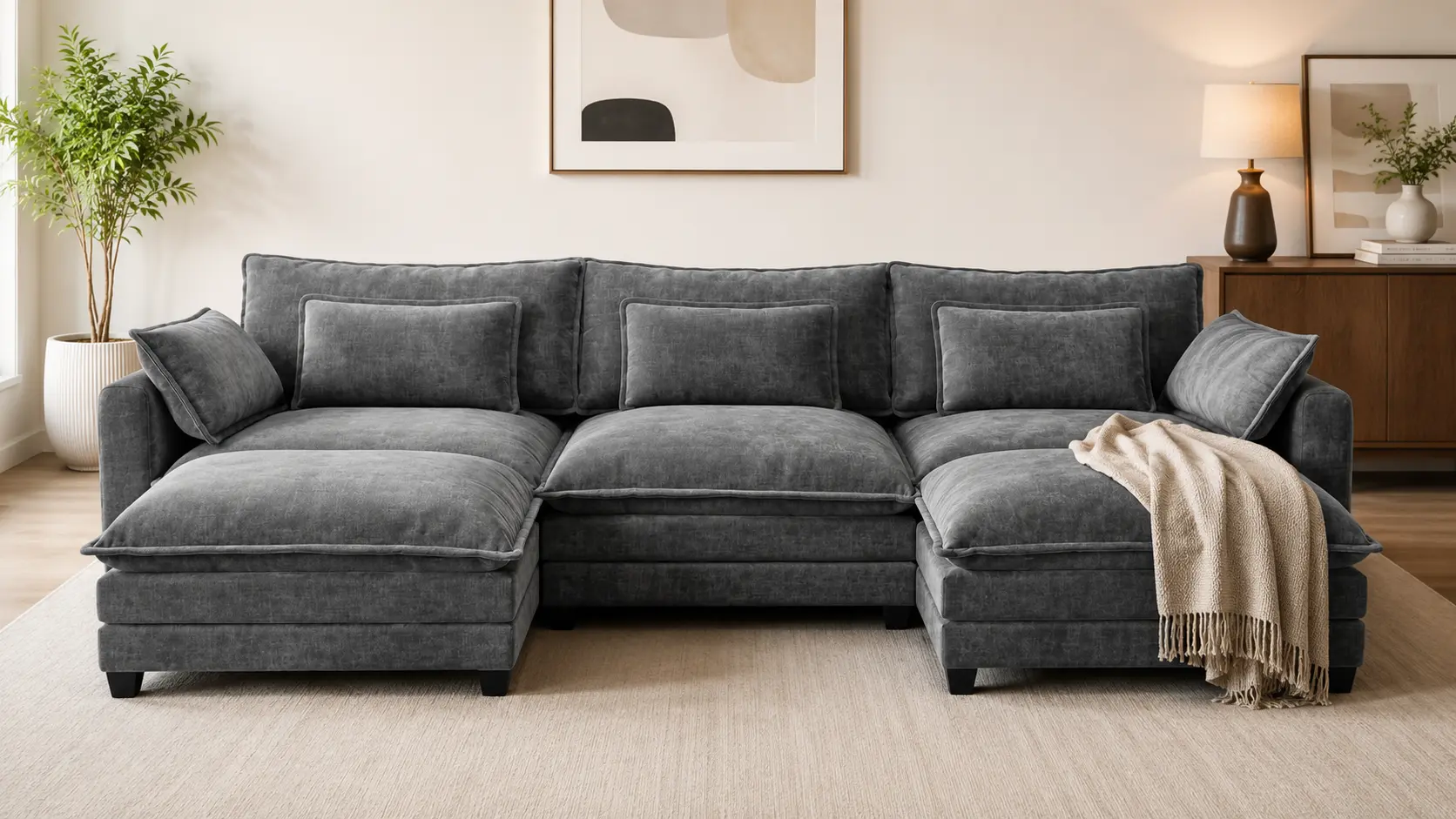 Grey Marsail U-shaped sectional sofa with supportive lumbar pillows and chenille fabric