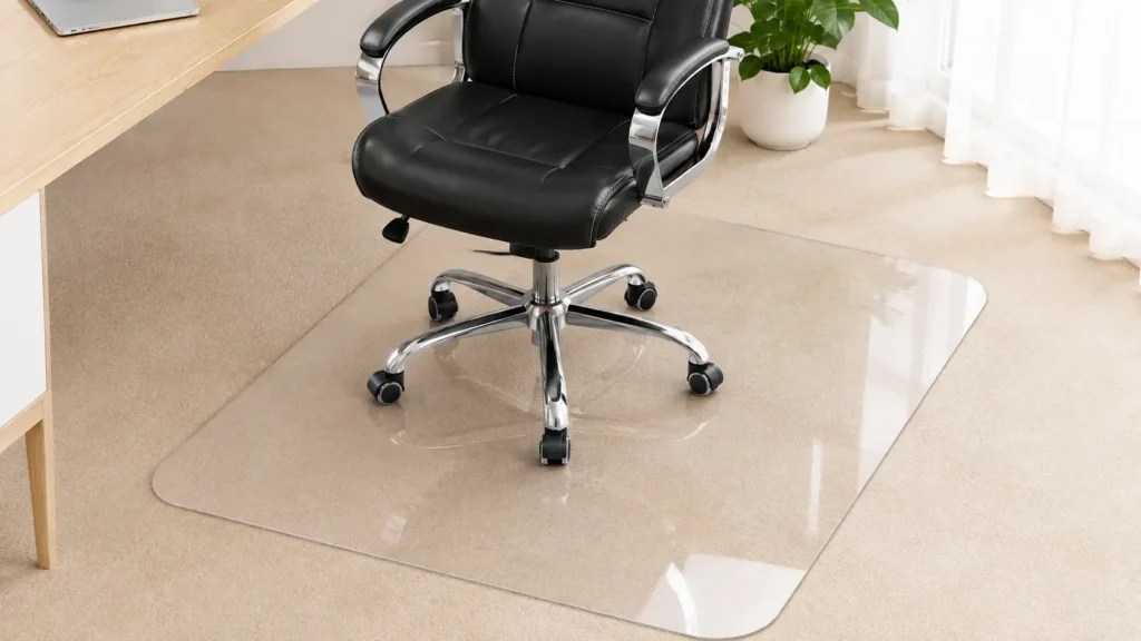 MuArts crystal clear heavy duty chair mat placed over carpet under a black leather office chair