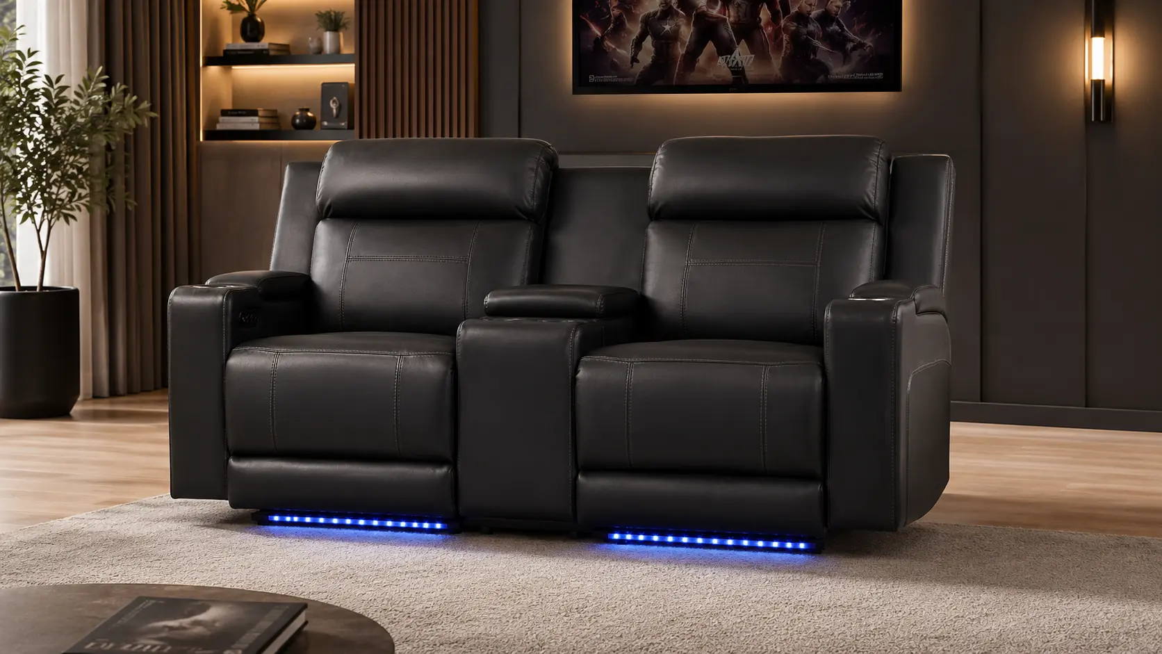 Black Neptane power reclining home theater loveseat with dual motors and LED lighting