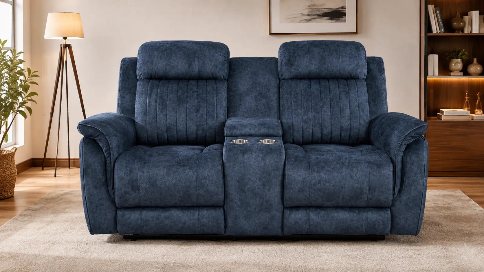 Blue velvet Neptane zero gravity reclining loveseat for ergonomic back support