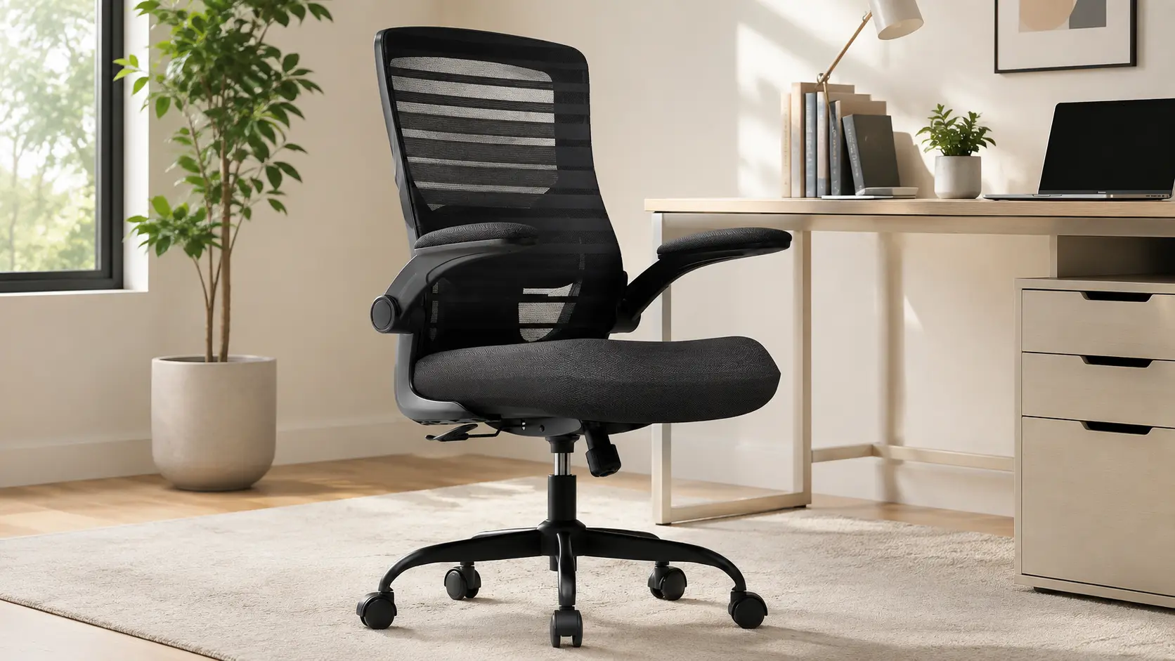 QLTPLUS mesh office chair with flip-up armrests and contoured backrest for long desk sessions