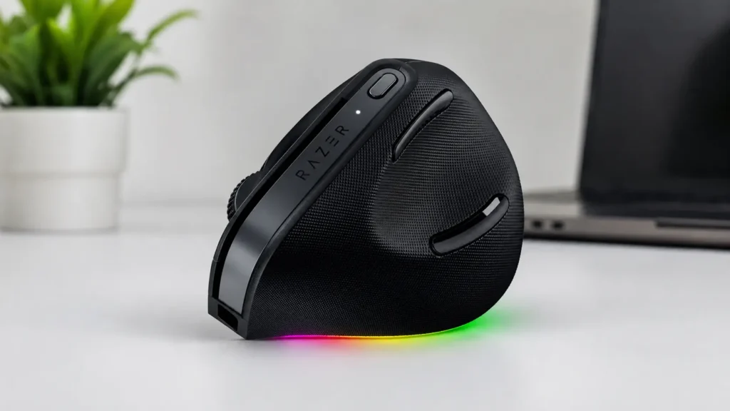 Razer Pro Click V2 vertical ergonomic mouse on desk shown at its handshake grip angle