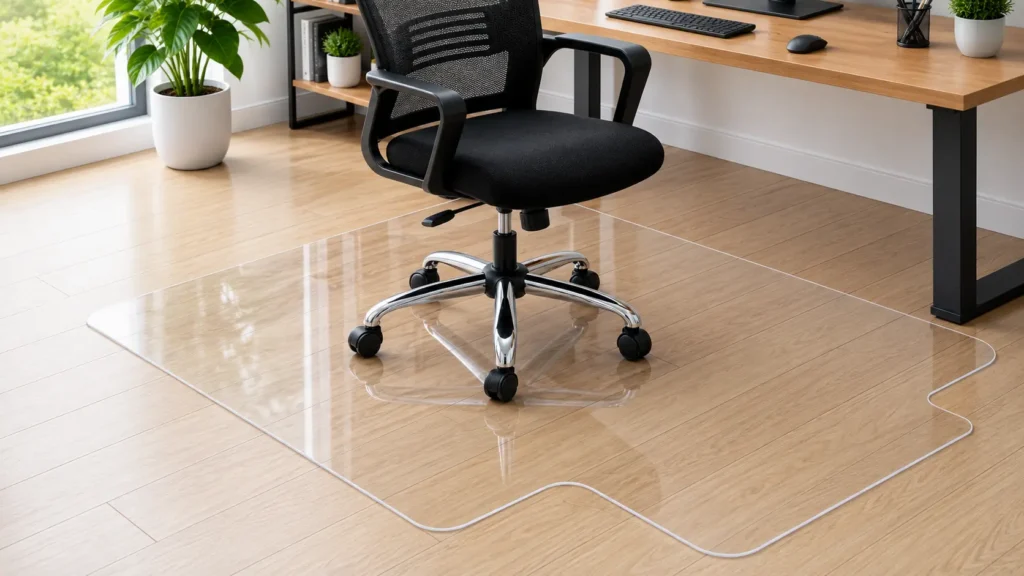 SHAREWIN clear office chair mat with rounded lip design on a glossy hardwood floor