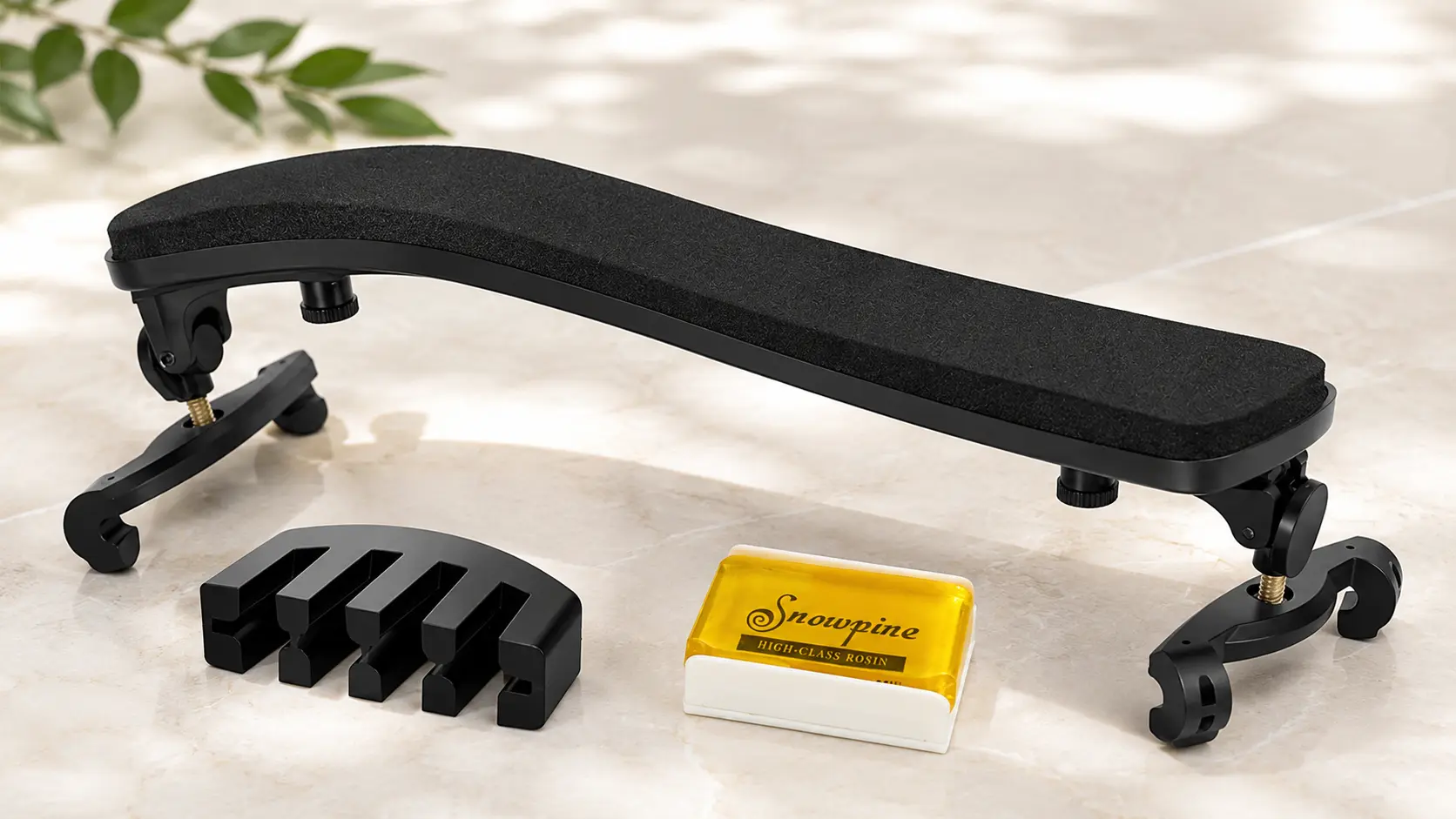 SUEWIO violin shoulder rest with padded curved frame, silicone feet, rosin, and mute