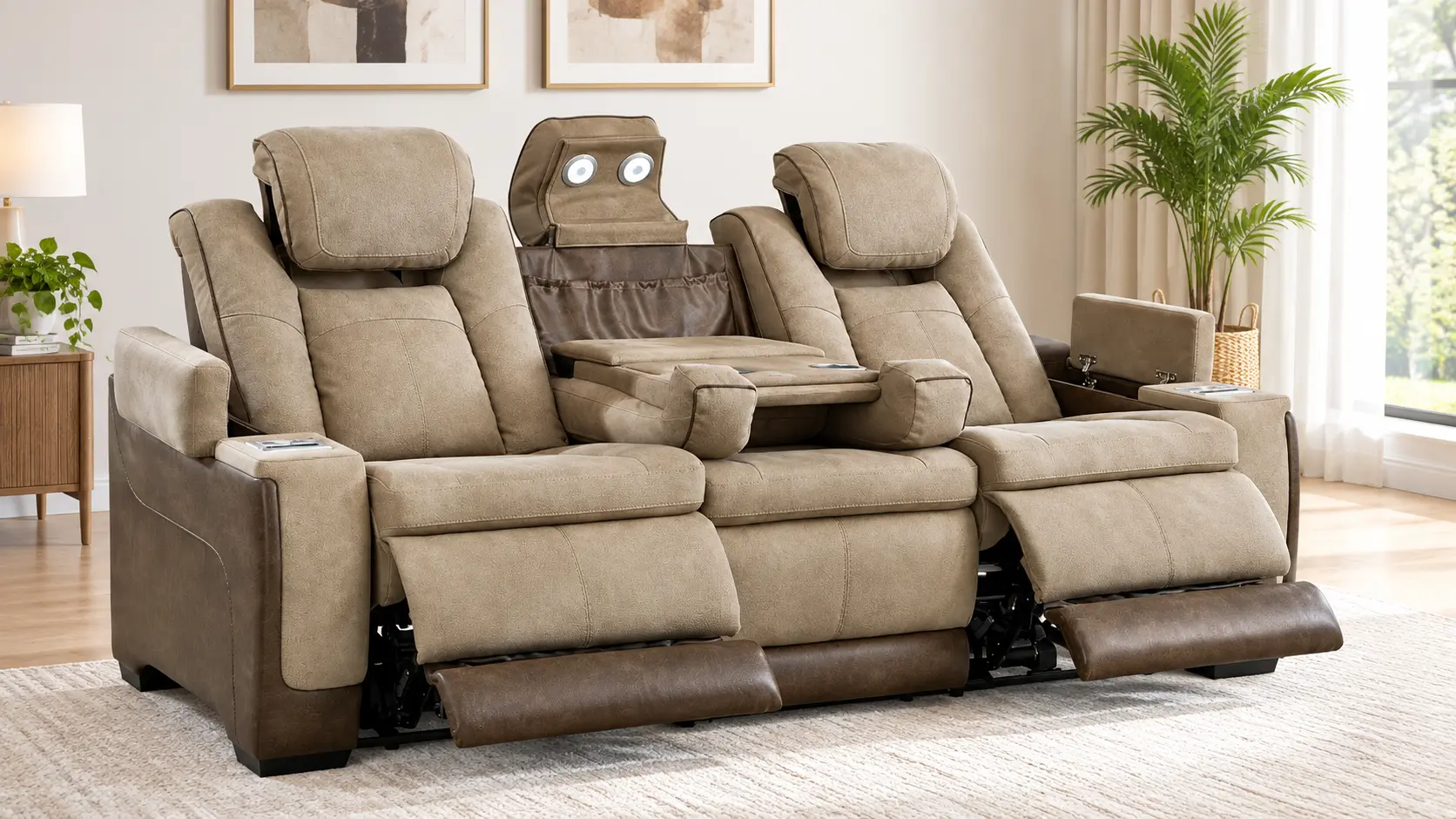 Ashley Next-Gen DuraPella reclining sofa in tan with speaker console and footrests extended