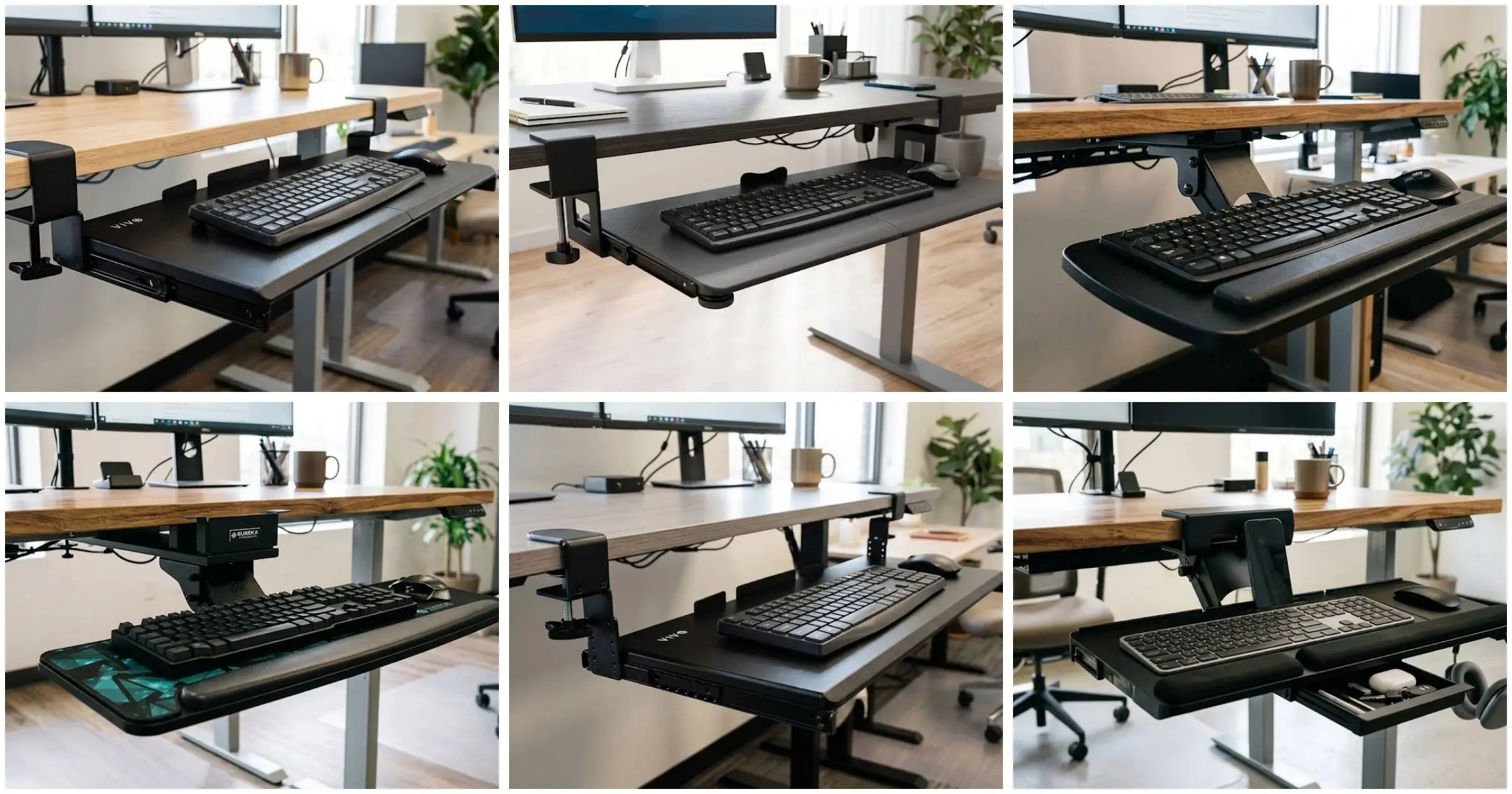 Six keyboard trays for standing desks compared side by side, showing clamp-on, height adjustable, and articulating arm styles