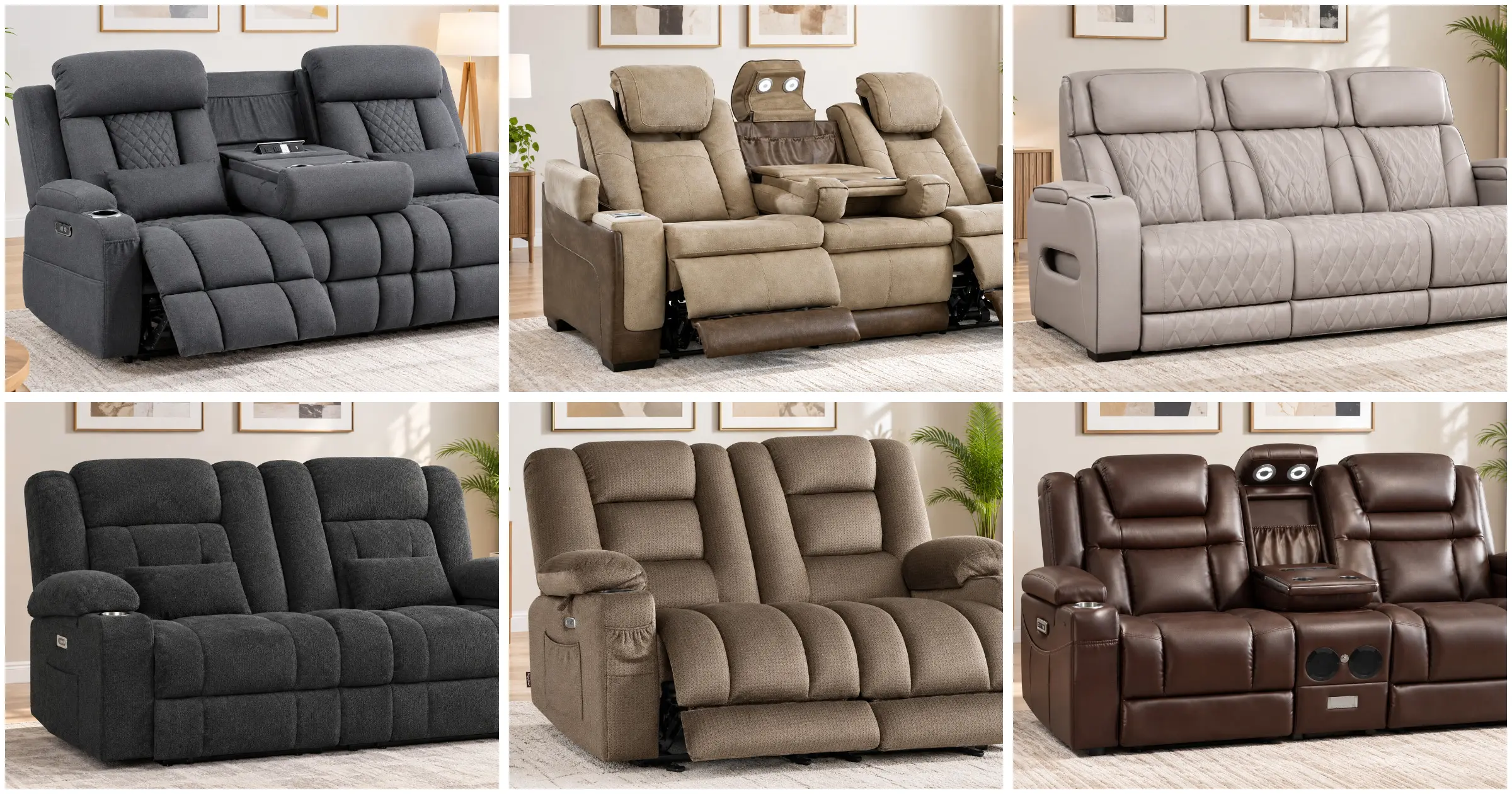 Six zero clearance reclining sofas compared side by side for wall clearance and features