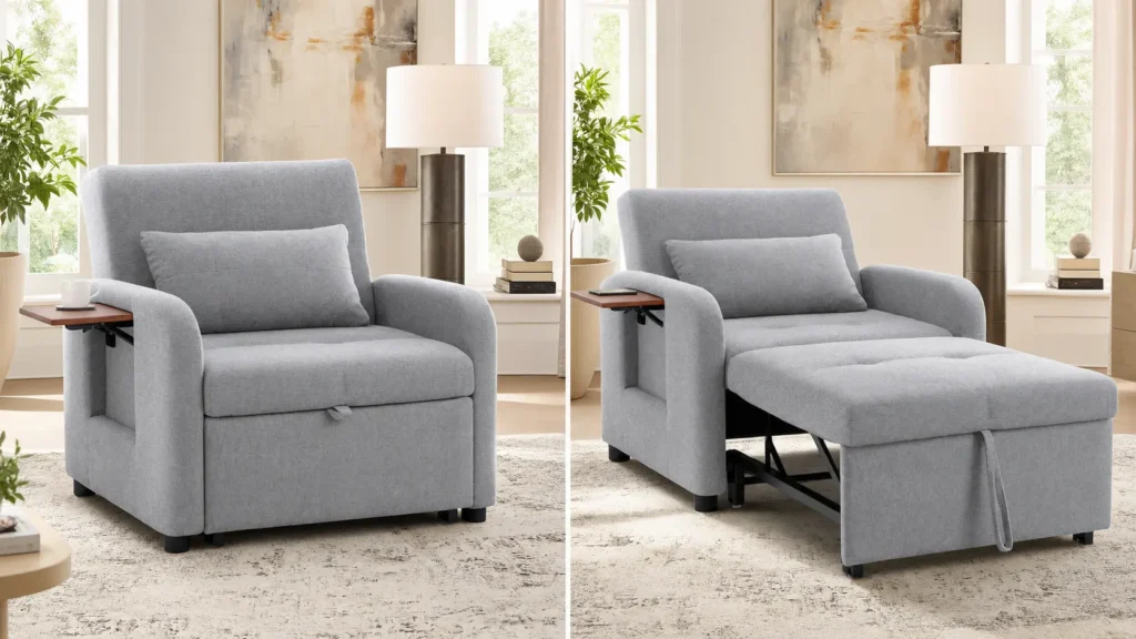 COLAMY 3-in-1 convertible sleeper chair in light grey shown as a desk chair and reclined into sofa bed mode with the fold-away side table