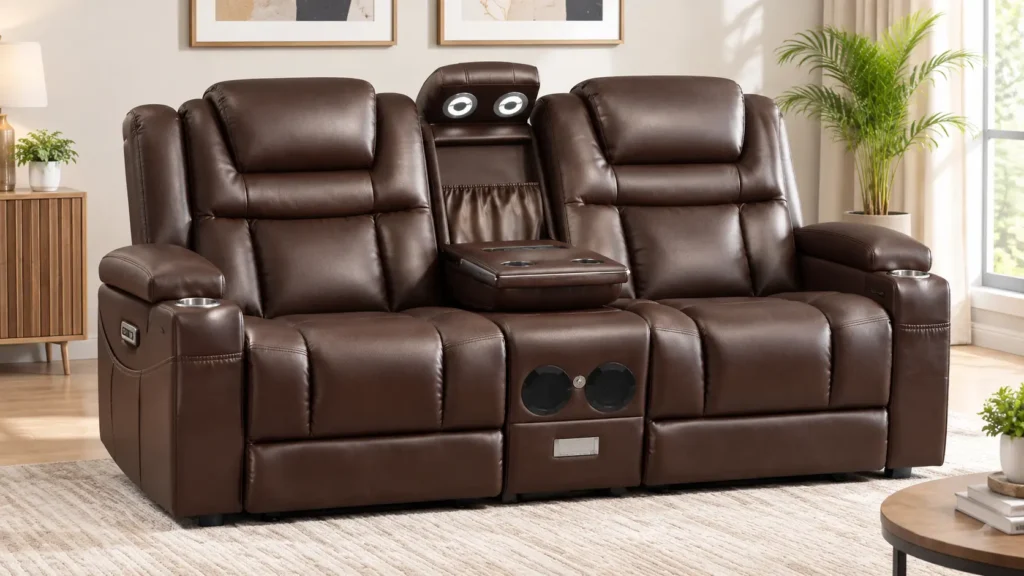 FURNIMAT leather power loveseat recliner with built-in speakers and drop-down cupholders