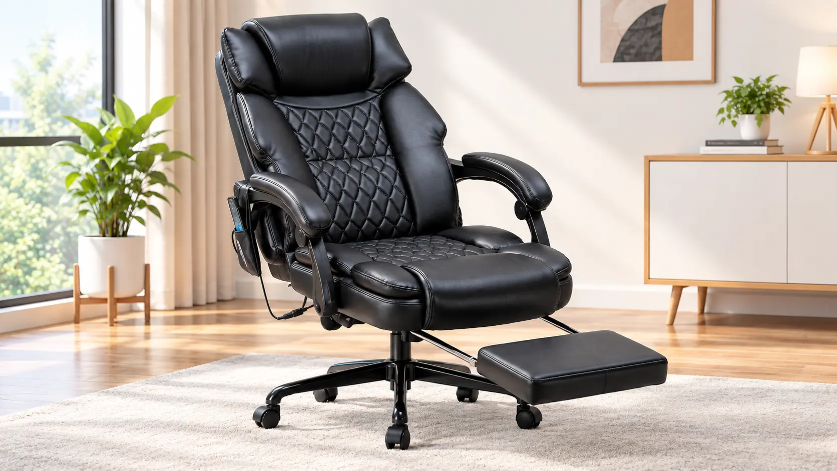 HESL massage office chair in black faux leather reclined with footrest extended