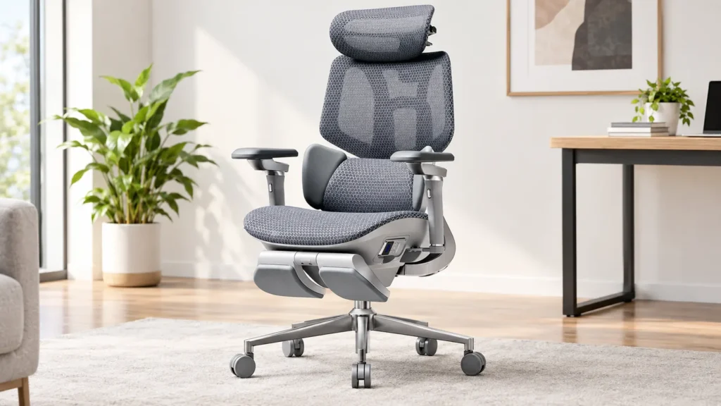 Hbada X7 smart ergonomic chair in grey mesh with headrest and footrest extended in a home office