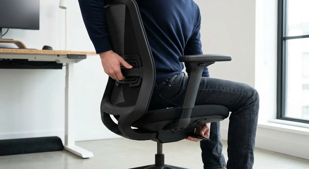 Person adjusting the lumbar support and seat on a black mesh ergonomic office chair at a standing desk