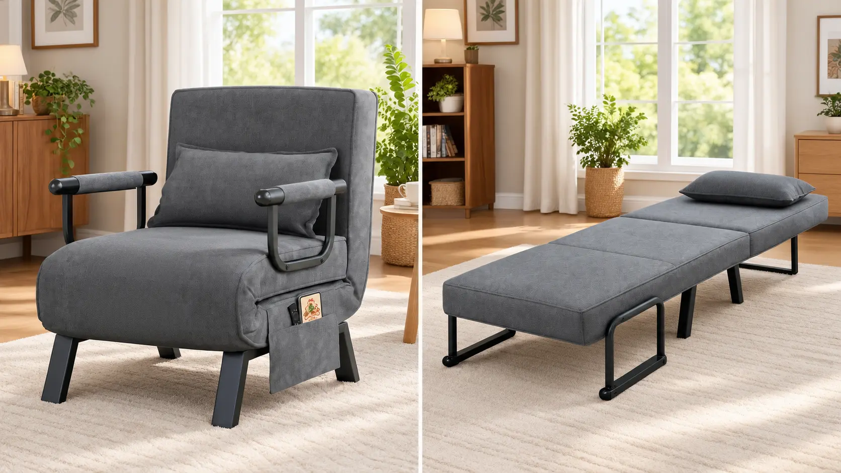 TYBOATLE 5-in-1 folding sleep chair in dark grey shown as an accent chair and unfolded into a single sofa bed