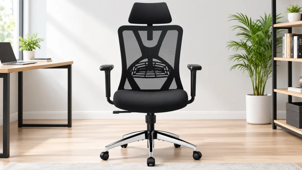 Ticova ergonomic office chair with adjustable headrest and mesh back in a home office setup