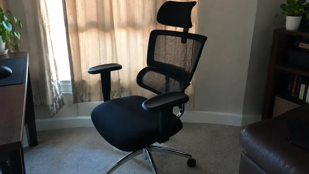 Side view of the Ticova ergonomic office chair showing 3D adjustable armrests and chrome base
