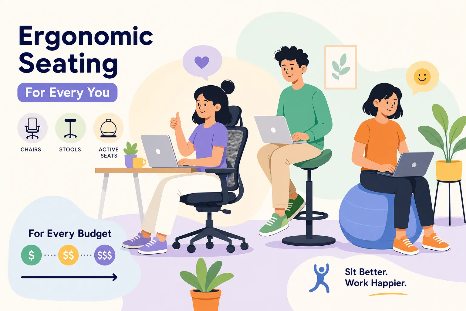 Ergonomic seating solutions illustration showing a task chair, sit-stand stool, and active seat for every home office budget